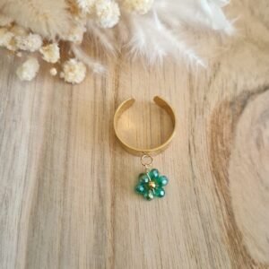 bague ajustable acier inoxydable fleur verte